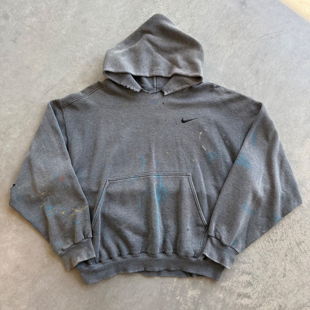 Vintage 90s Nike Hoodie Made in USA Distressed Paint Splatter Grey Large